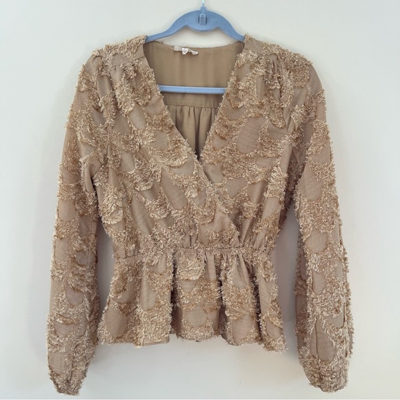 Mystree Tops - Mystree Beige Textured Surplice Peplum Blouse